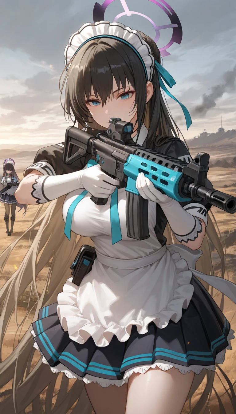 Adult female, Holding a long white sniper weapon, wear maid dress off shoulder, stocking, perfect face, beautiful eyes, black long Hair in two pigtails, Standing in the middle of the desert, Night, Wearing a headband, black eyes, variation angle