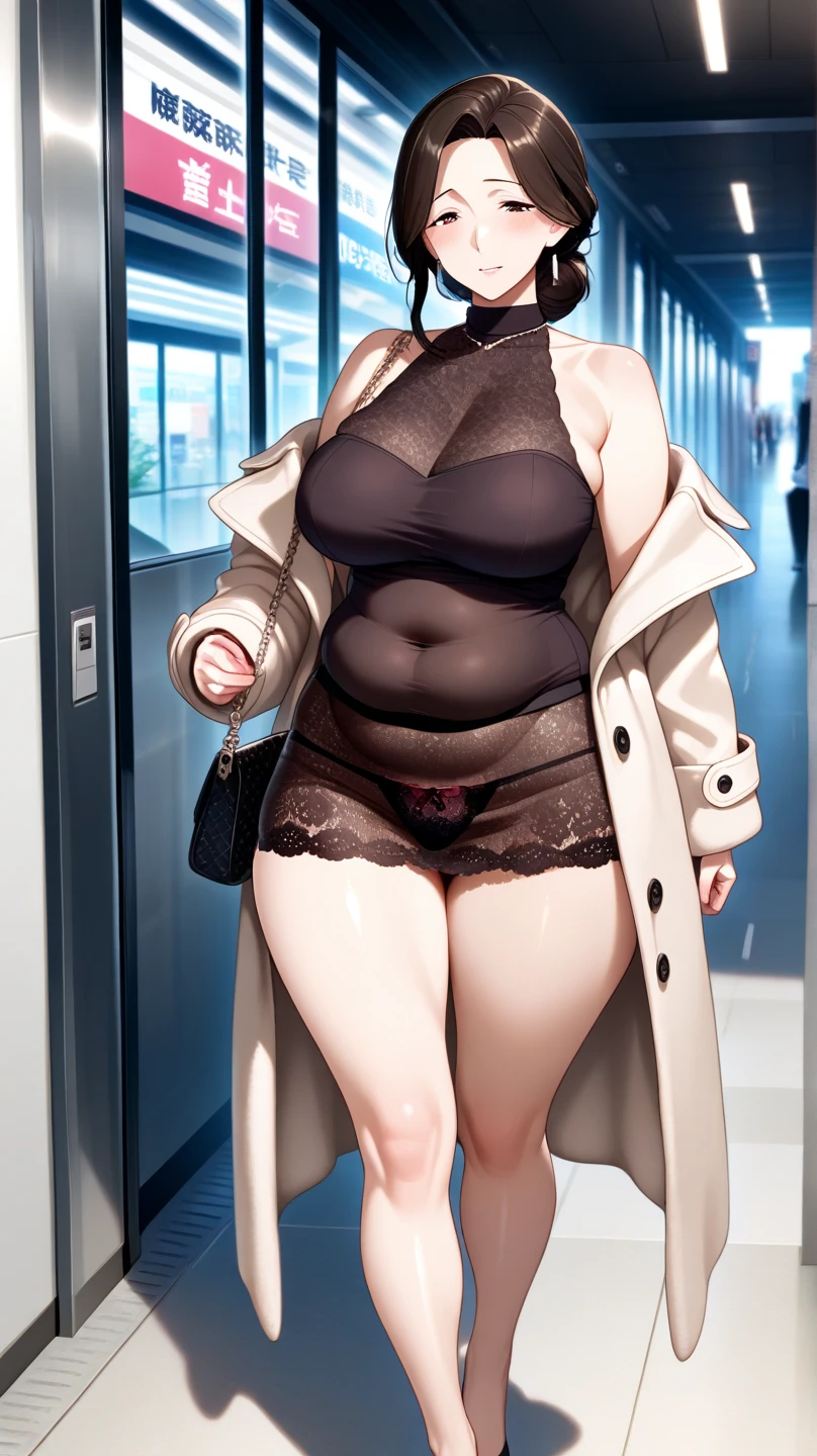 (((masterpiece))), ((best quality)),a woman in a black dress and brown coat posing for a picture, thicc, bbwchan, she has a jiggly fat round belly, full body portrait of a short!, thick body, large thighs, ross tran style, , heavy looking, fullbody commission for, (fat body),(giant belly), round tum, covering body, adult