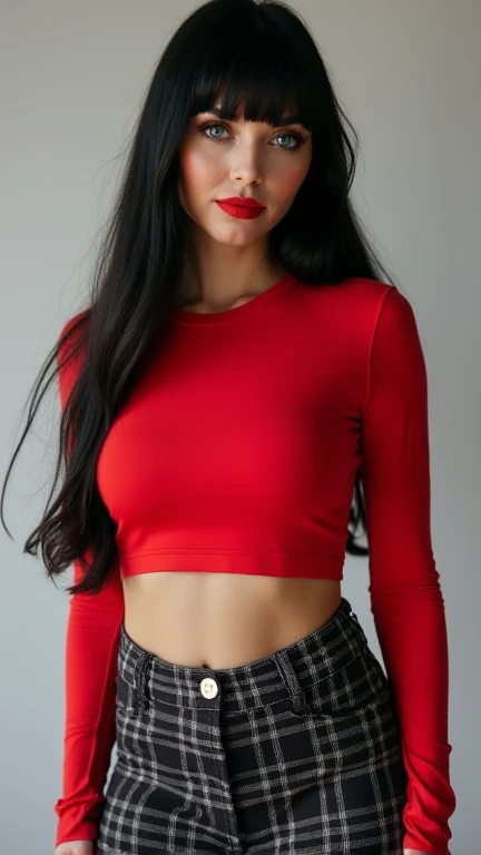 Women's red T-shirt covering the neck with wavy gaps at the belly level on the navel and black shorts