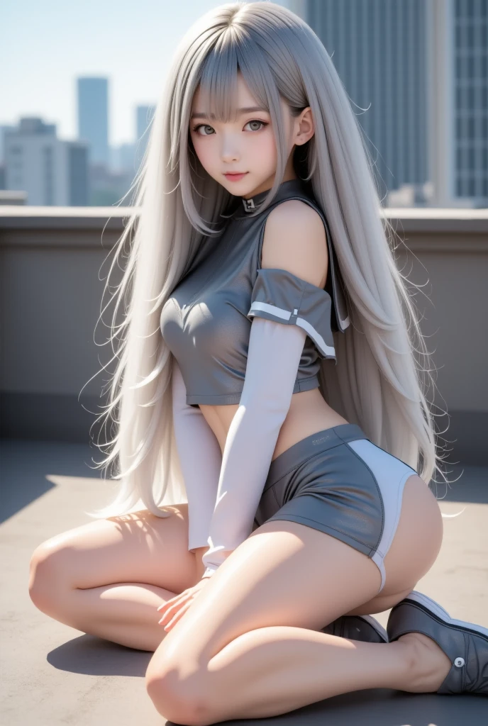 A world of only white, Black and gray(Futuristic Nordic cities),20 years girl,masutepiece , Best Quality,The best illustrations(Soft texture),Nahida(GenshinImpact) ,very slender body,tiny chest,Skinny Legs,Long hair ,Side Ponytail, Hair Ornament ,Street, White hair , White hair , hand behind head:1.5,multicolored hair, elf ,Skinny Legs,smil,Tsundere,