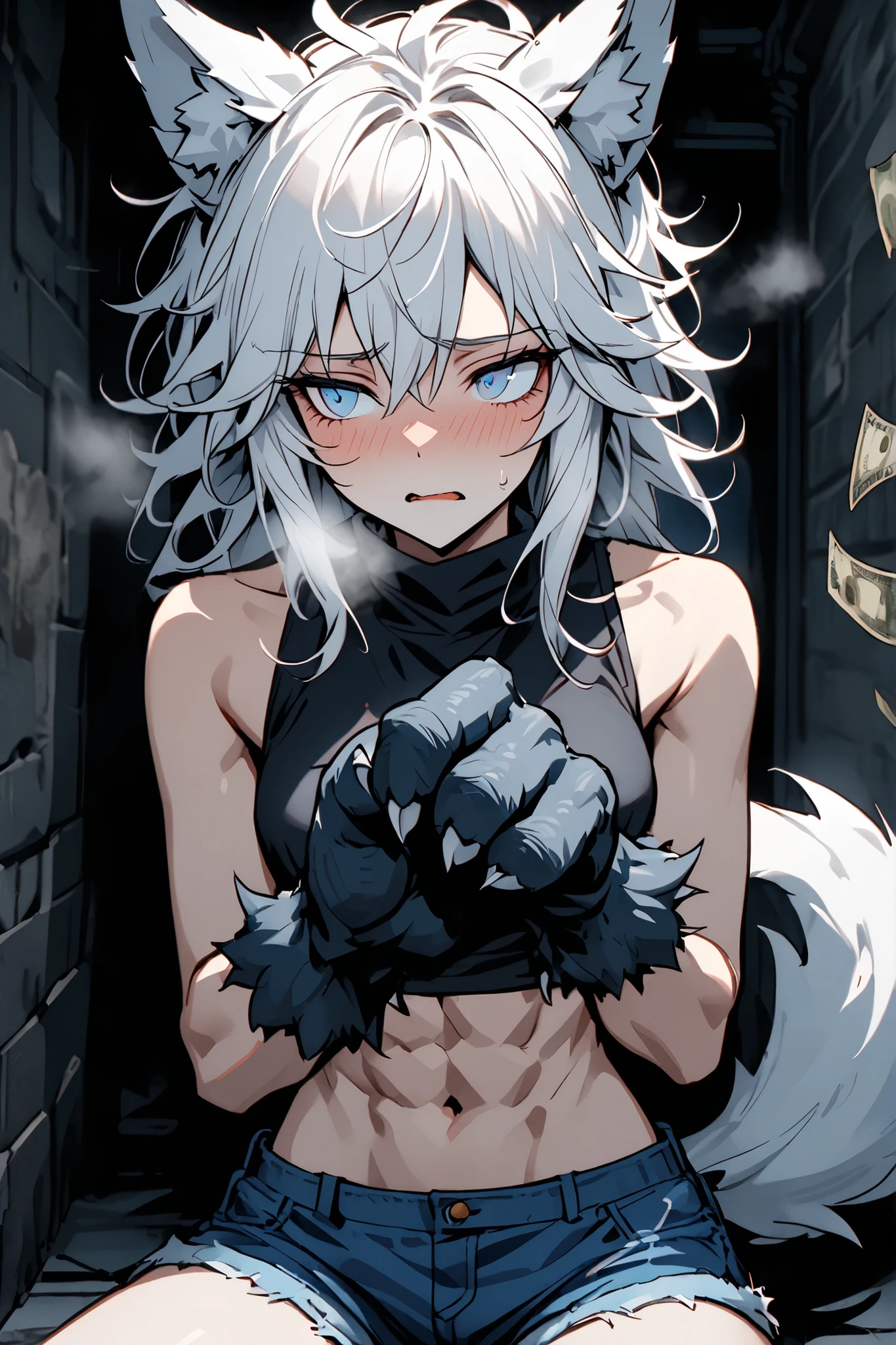 Kizi,brunette skin,cat eye,Cat's ear,sharp teeth,claw our fingers, white hair, wearing gym bra,short shorts,serious look