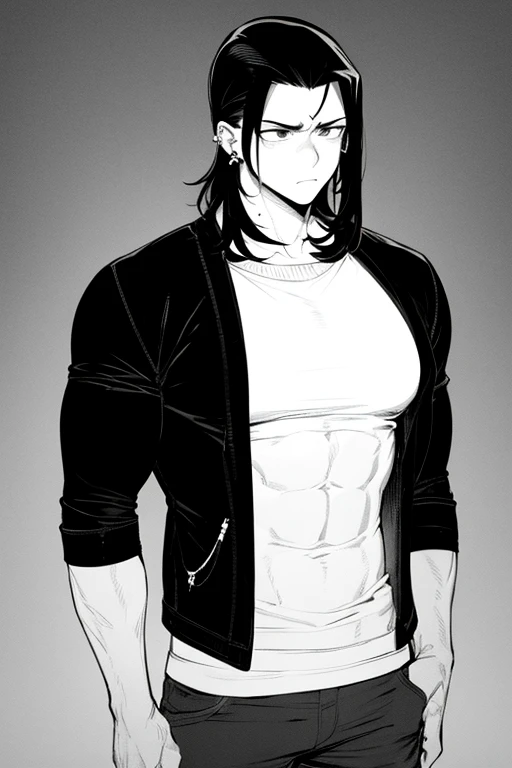 1 , male focus, looking to the down, pale skin tone, yellow eyes, muscular male, muscular, Scrawny, standing, hand on waist, defined abs, trunk, standing alone, Seriously, long hair, stubbles, hair covering right eye, slicked black hair, parted lips, volume in underwear, black naughty underwear, Black boxer briefs, wearing no shirt, white background, simple gray background, whole body, best qualityer, incredible quality, better aesthetics, again 2023, Masterpiece artwork, best qualityer, blush