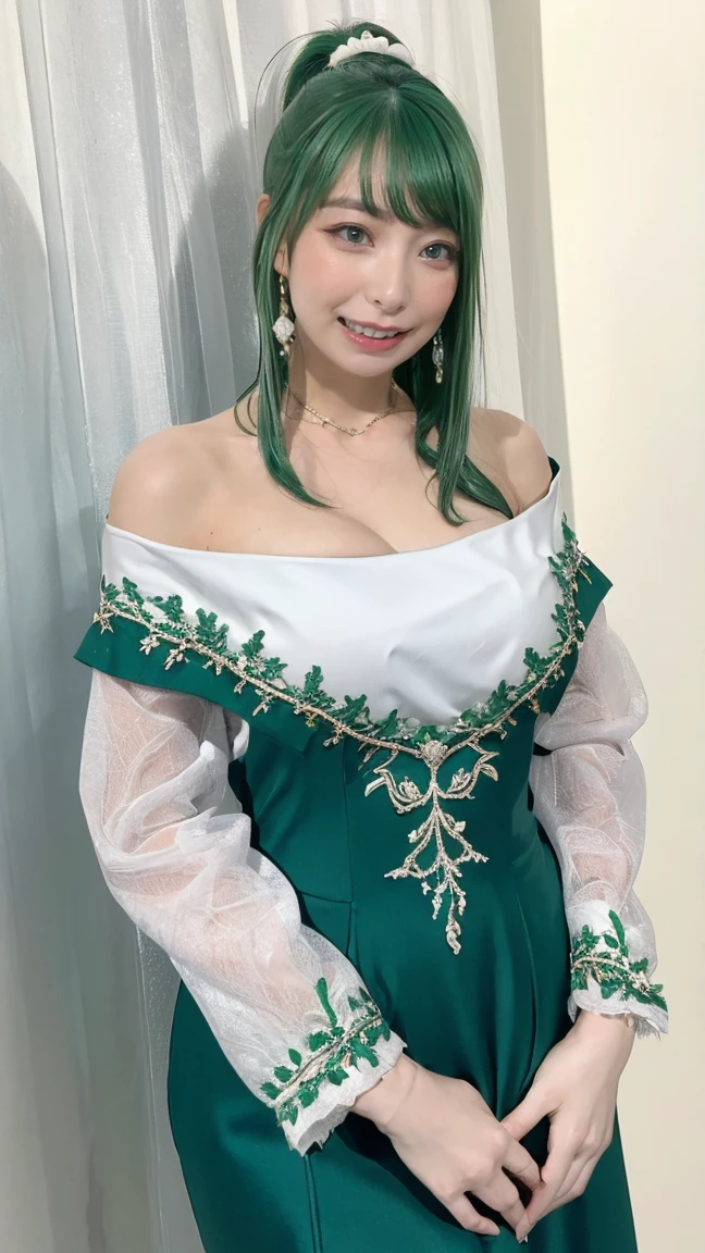 detailed skin texture, detailed cloth texture, beautifully detailed face, ultra realistic, best quality, ultra detailed, 8k, intricate details, best quality, 1girl, bangs, bare_shoulders, black_hair, ancient china background, big breasts, thin, cape, cleavage, collarbone, green dress with patterns, gloves, hair_bun, hair_ornament, hair_stick, jewelry, one mole under eye, necklace, smile, solo, thighhighs, (hiqcgbody:0.5), (hiqcgface:0.5), full-body shot,