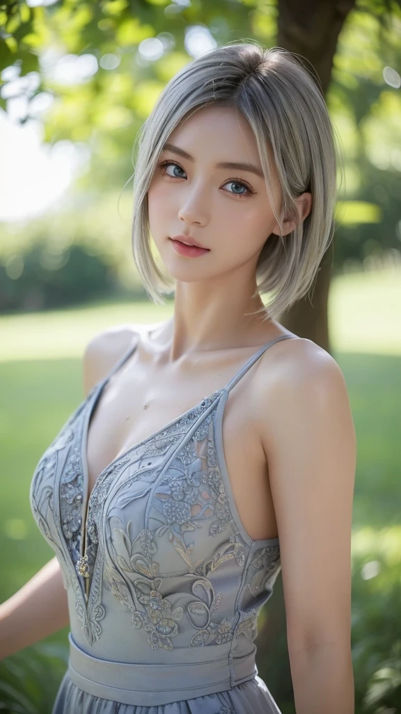 Tia shows herself with a quite slender figure.. she has grayish white hair , She has short hair and big pale green eyes., A girl in an alley、(Super detail)、(8k)、((Moda Hip Hop))、(graffiti wall)、(Full body esbian)、(hyper-detailed face)、(detailed feetdetailed)、(cold face)、(sitting with knees raised)、(Put your hands on your knees)., exposed cleavage, medium breasts, top quality, many details, Puri Focus Sharp and realistic
