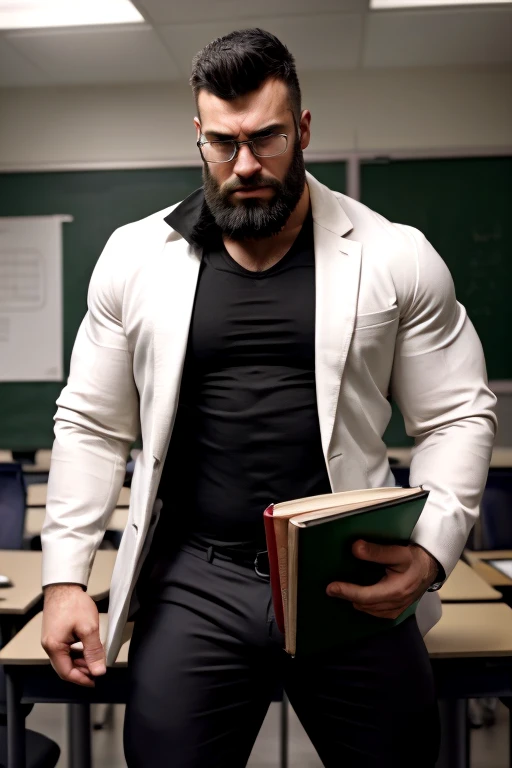 Strong, bearded, hairy mixed-race teacher teaching in the classroom wearing white underwear with “MOCANO” written in capital letters and holding a book in his hand.