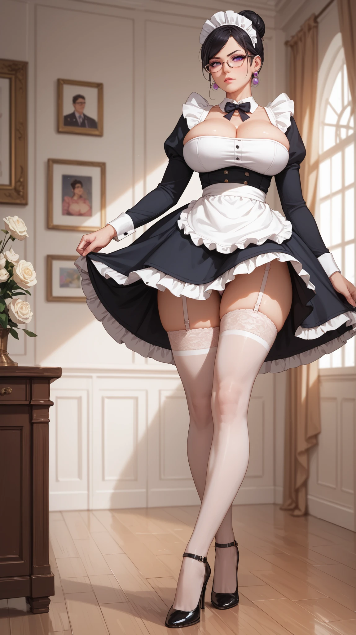 ((White background)) 1mother with daughter showing her asses,barefeet, cute, ((Short black hair girl and long blonde hair girl)), maid victorian, maid apron, straight face, dazed, Body position: Standing, straight, symmetrical, barefoot, smile face, lustful smirking smile face red blushed red cheeks