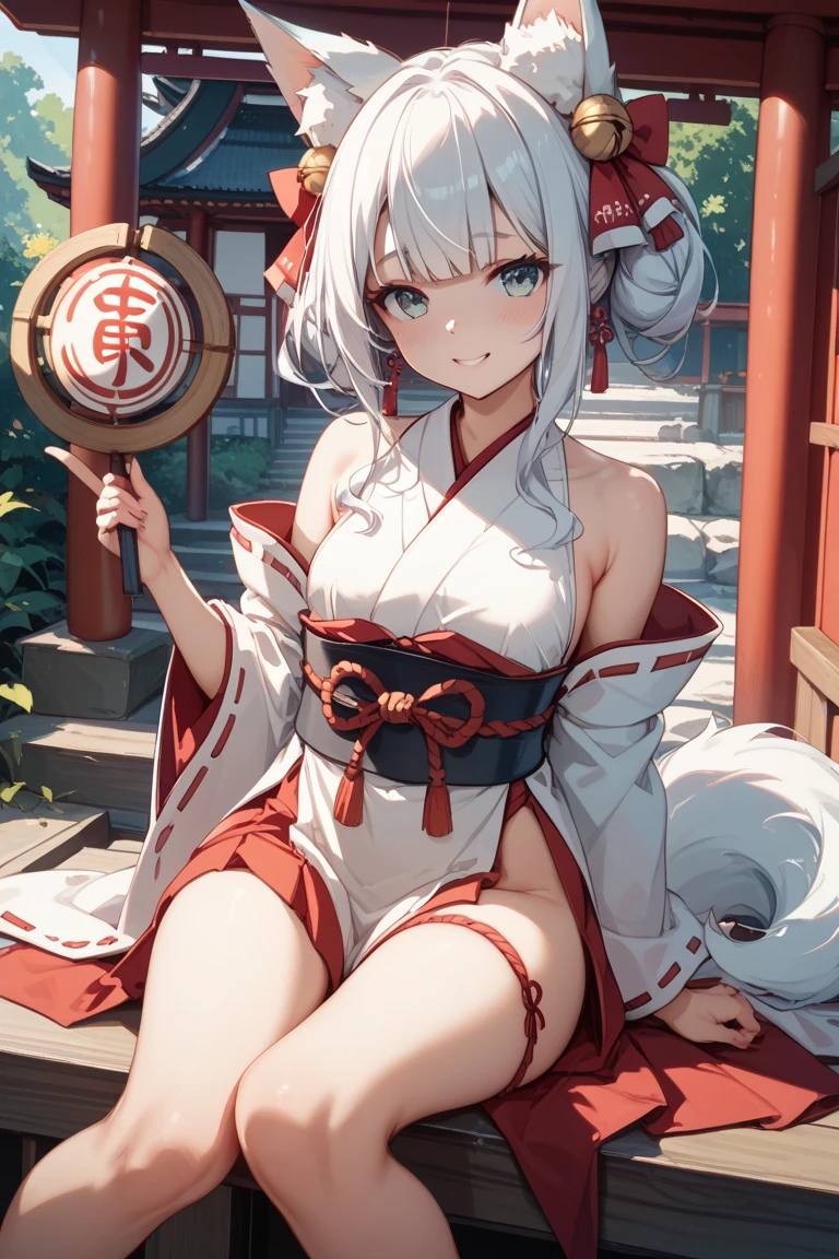 最high quality、best image quality、masterpiece、girl((20-year-old、sexy, By becomin, big bust,、thin,highest valley, japanese shrine maiden, white hair, red eyes, red hakama, sitting, cleavage, red panties, cameltoe), feet), high quality、beautiful art、background(classroom))、flight、debris flies、Depth of written boundary、movie、visual art、perfect art、8K,genuine、
