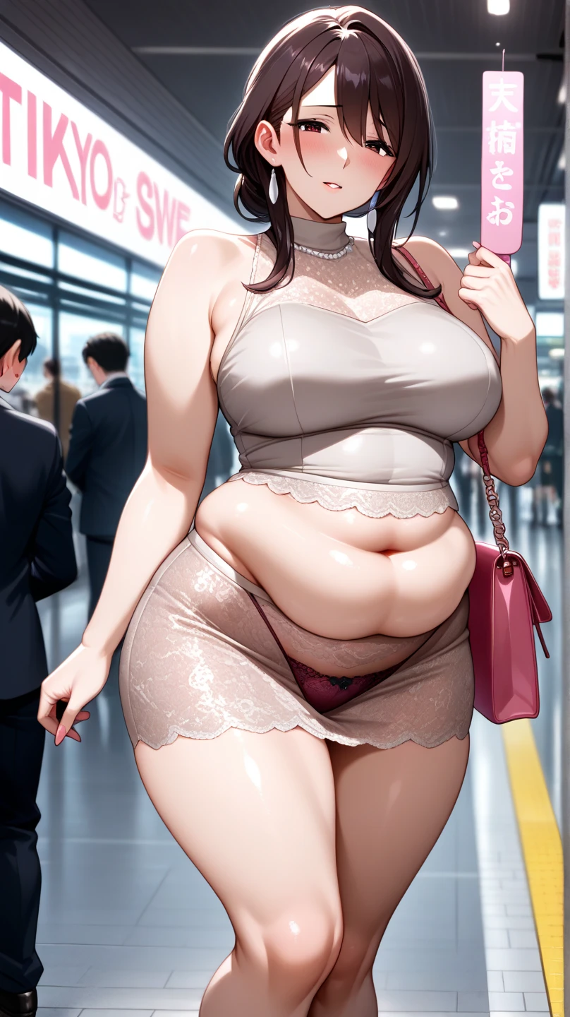 Woman with huge breasts with lace cleavage on public transport at rush hour