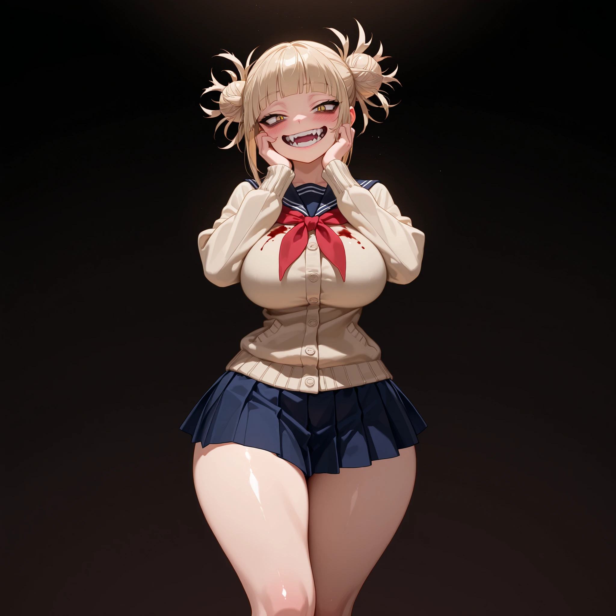 masterpiece, best quality, amazing quality, very aesthetic, absurdres, high res, shiny skin, 1girl, solo, toga himiko, yellow eyes, slit pupils, bags under eyes, blonde hair, sidelocks, blunt bangs, narrowed eyes, double bun, hair bun, messy hair, sharp fangs, , narrow waist, wide , thick thighs, slim, brown cardigan, serafuku, red neckerchief, miniskirt, blue skirt, pleated skirt, black socks, blushed, big grin, mad look, crazy, cute, hands on cheeks, blood stains on clothes, standing, looking at viewer, dark background, from the front view