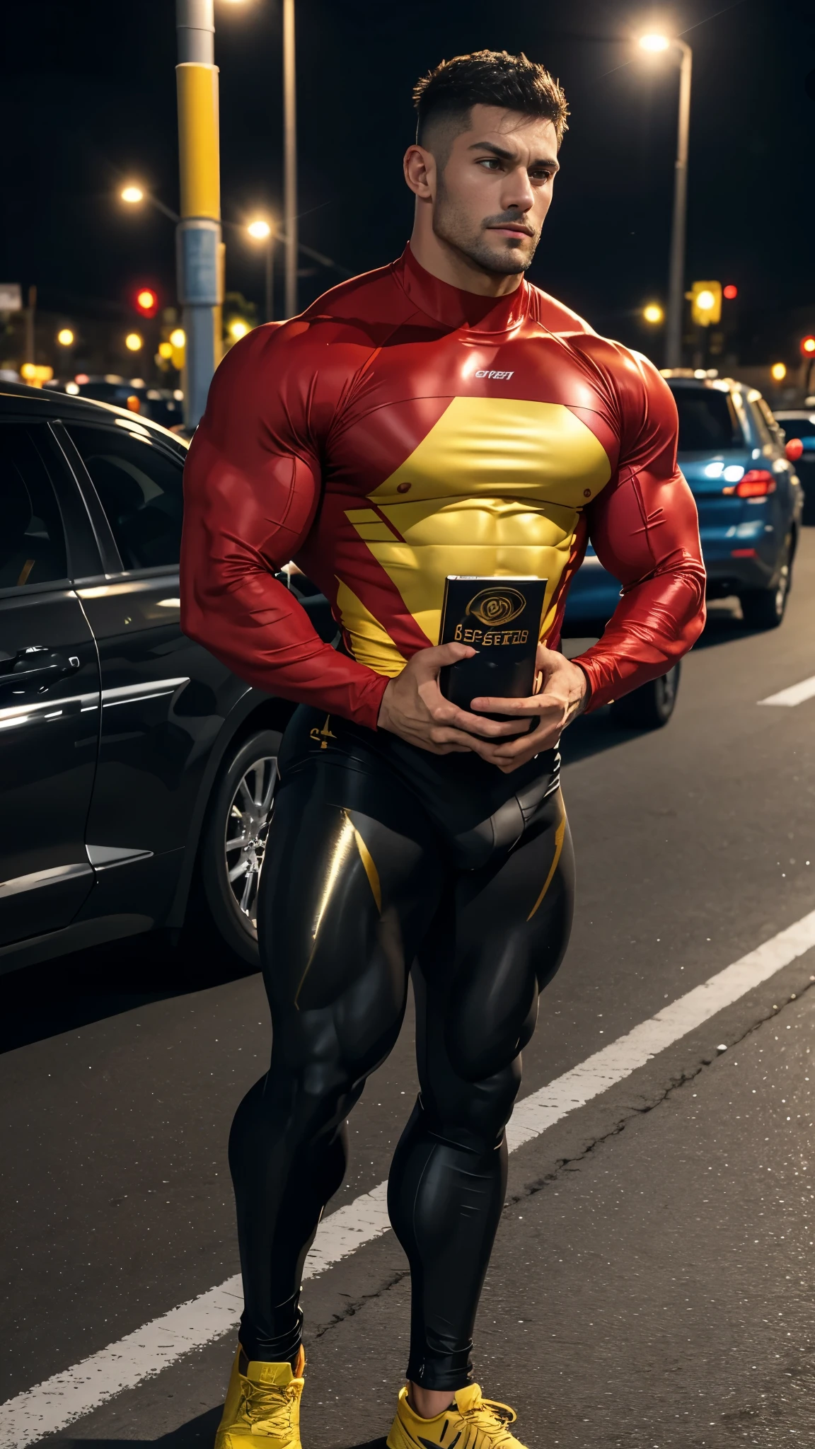 masuter piece, muscular big built、body suit、shiny spandex tight red and yellow compression long sleeve shirt、sole of feet、muscular handsome european man, medium length hair 、macho, short-haired、Fade Cut、Hot、NSFW、Bulge、FULL BODYSHOT、Rugby players、The large、Opening legs、tight black,red, and yellow shiny spandex Compression pants, straight angled view,background of european street at night bright lighting,standing straight facing camera , shiny yellow,red and black mixed compression shirt