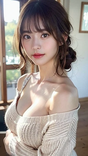 (lifelike, high - resolution:1.3), 1 girl with a perfect body, Super fine face and eyes,slong hair, Tank top of random colors:1.2, short jeans, big boob,Expose cleavage, asian girl