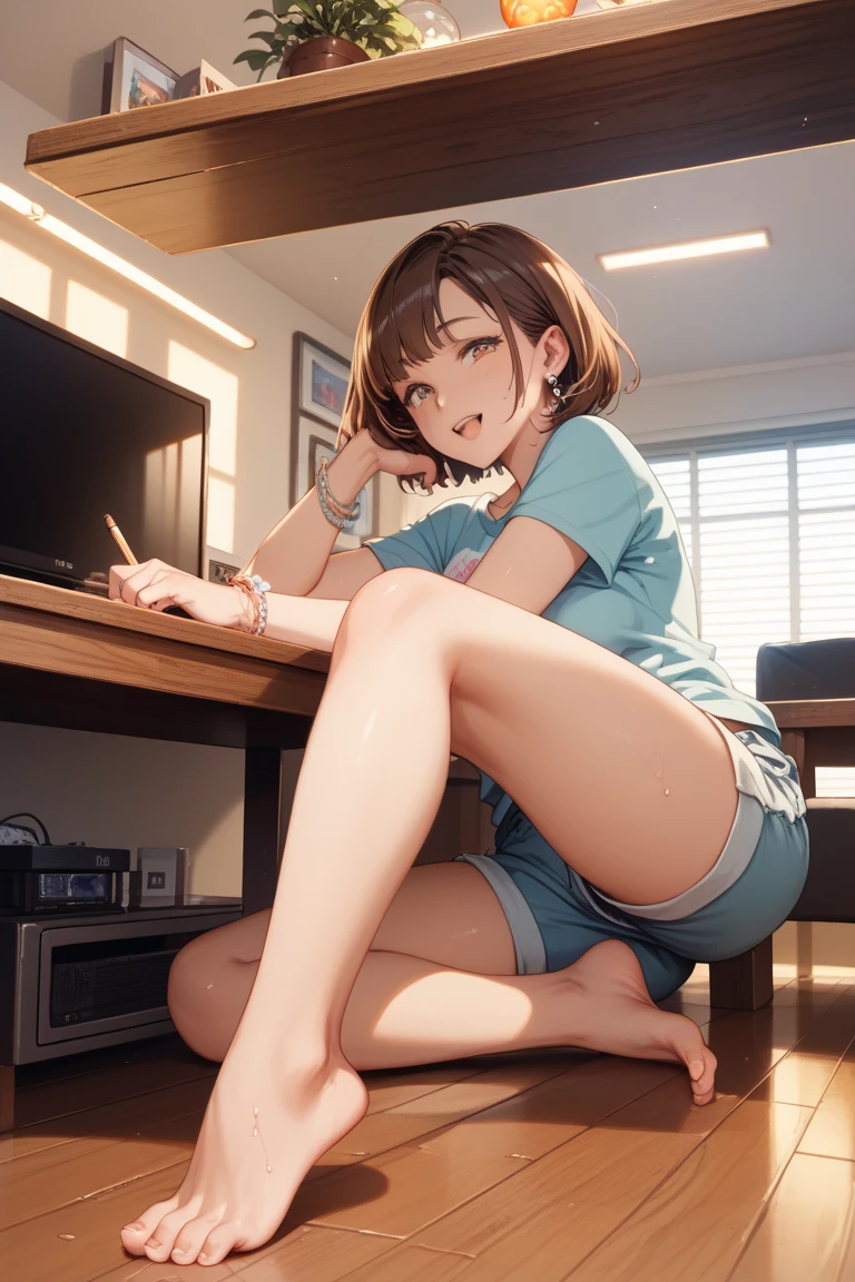 masterpiece, best quality, high resolution, one girl, loose t-shirt, girl sitting on chair studying drafting at desk ,, studying seriously, good luck, drafting, beauty, cute, Japan healing super idol, paperwork, architect, yawn, drowsiness