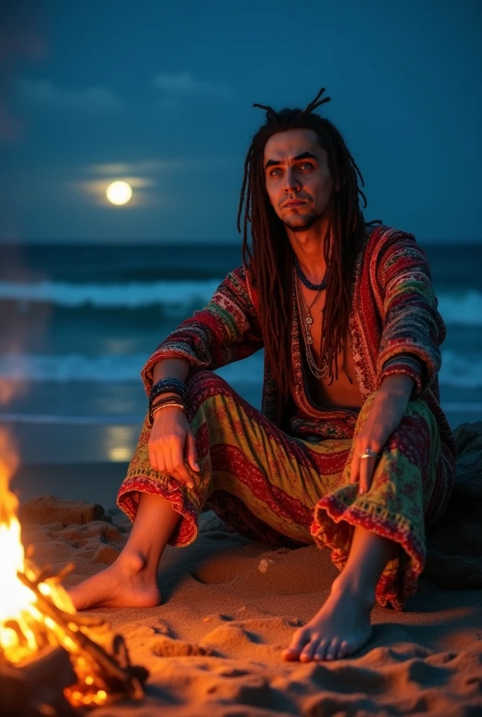 HD,4K,man,Date Rock Hairstyle,smile,hippie outfit,Age 37,Smoking marijuana,island,sunset,5 fingers,uncrippled,