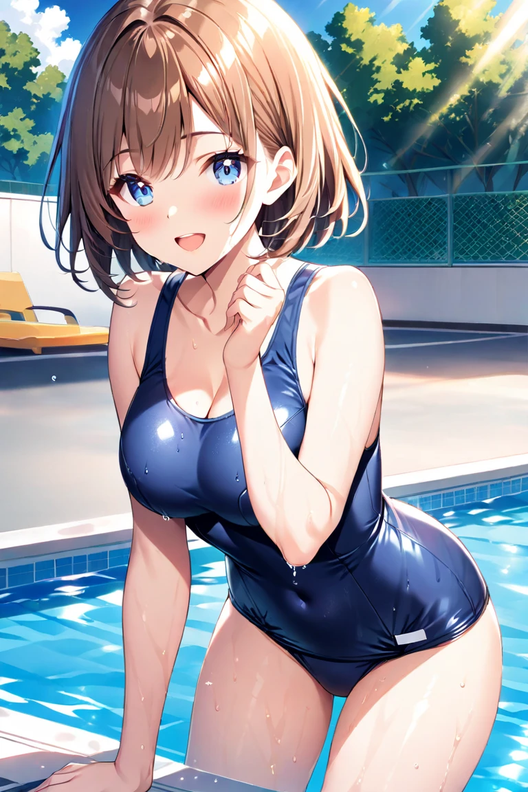 (Masterpiece), 8k wallpaper, solo, Watanabe you, game cg, beautiful detailed face and eyes, perfect anatomy, standing, outside, blush, glossy lips, cheerleader, midriff, collarbone