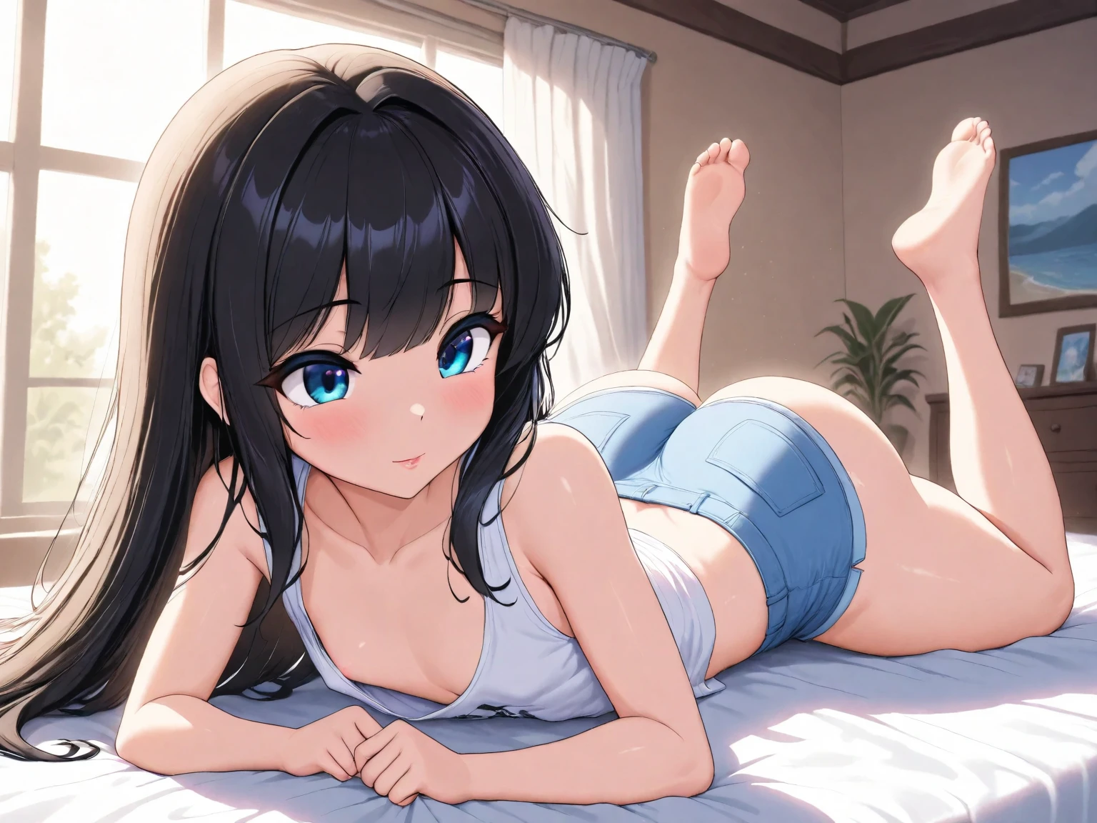absurdres, ultra detailed, high resolution, 1girl, from behind, on stomach, lying on bed, all fours, posed photo, wide-angle photo, perfect anatomy, big ass, (buruma), gym uniform, white t-shirts, gigantic breasts, Tougou_mimori, long hair, light blue eyes, black hair, ribbon, naughty smile, embarrassed look, anime, anime screencap,