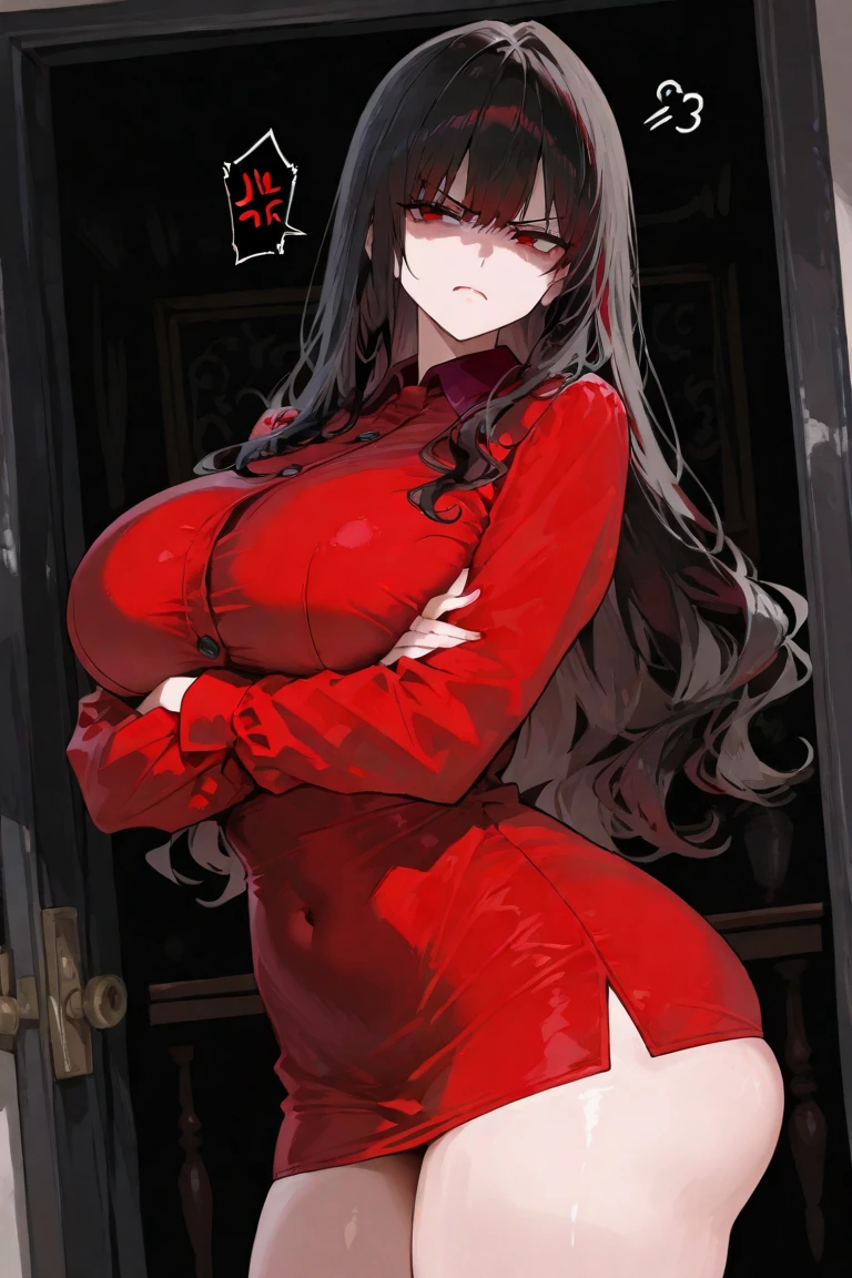 masterpiece, best quality, 1girl, solo, jabami yumeko, black hair, long hair, blunt bangs, red dress, night,