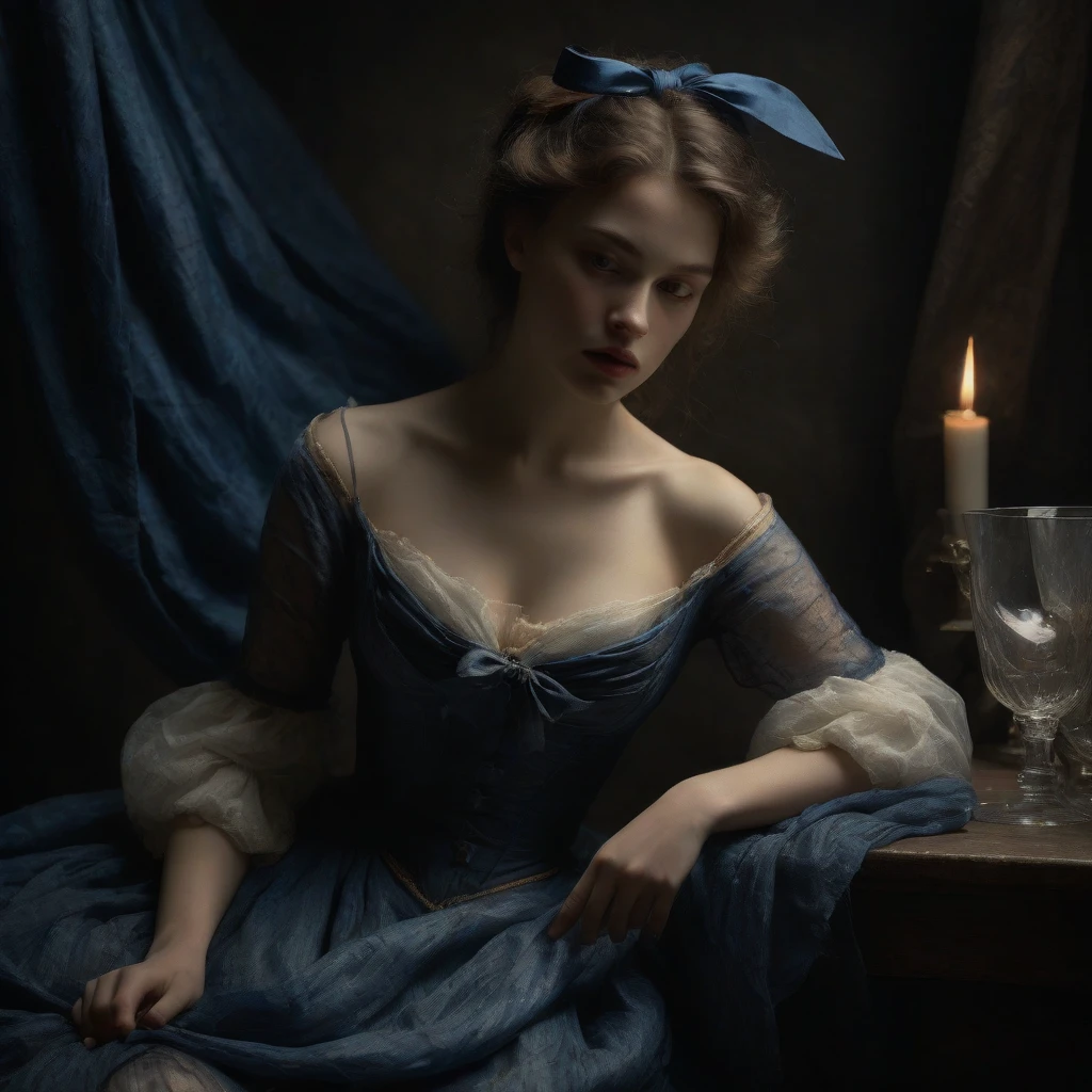 In a captivating exhibition of classical Italian art, a mature woman of stunning beauty, with a splendid figure and fair complexion, kneeling, She dresses in two pieces of transparent fabrics that reveal her voluptuous curves. Broken clothes covered by transparent cups , they reveal a deep cleavage, This exquisite portrait, similar to a Jan Saudek Style Photograph, shows the attractive features of women with grace and charm. The background in a warm colored bedroom interior , ochre and bluish gray. Detailed brushstrokes enhance the delicate textures of her attire and the softness of her skin, creating a fascinating, high-quality image, timeless and captivating. The combination of realistic textures with dreamlike elements creates a sense of mystery, transcendence and an invitation to travel into the unknown and create a visual masterpiece of great quality and captivating beauty, In a Bluish World of Dreams , and with many details, magical realism, Canon eos 5d mark 4 , lighting by Rembrandt. (dark realism 0,5 stat 1 int 1)