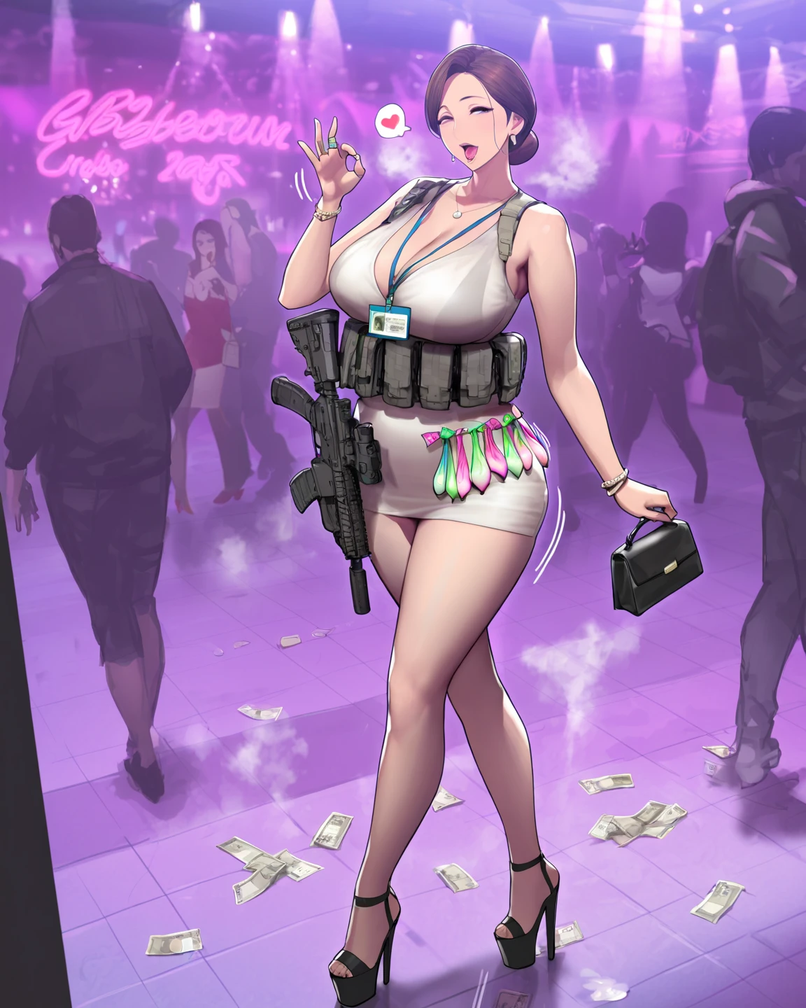 An Arabic woman, milf, with big natural breasts, big rounded ass, wide open mouth, wear silk hijab, shiny rose mini dress, 7-inch high heels, collar jewelry, make-up, lipstick, polished nails, body tattoos, standing in front of a nightclub, in red carpet, a nice car in the background, holding a luxury shiny purse in one hand, on the other one is holding a big cigar, big cleavage