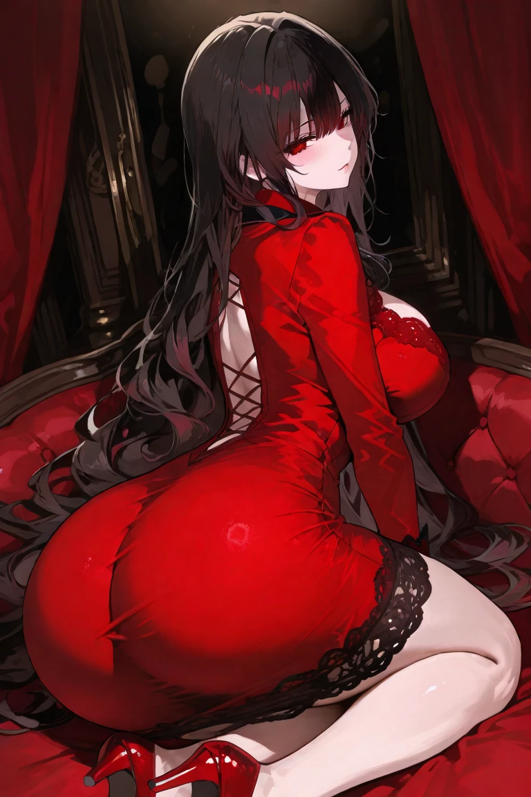 using pantimedies, wavy black hair, piercing look with deep red eyes, average stature, Waist length hair, Silky hair with a ponytail hairstyle collected with a red bow with two white lines, has a vagina, has breasts, cup of breasts, small breasts, slim, foreground, Session, sitting in her room, standing in his room, wearing pantyhose, using pantimedies, Picardias, neckline, looking at the viewer, lascivious smile, ((oversized t-shirt)), off the shoulders, without pants, washing machines, thighs, ((White T-shirt)), standing, hands on the hips,, shoes, blush, from below, thighs gorditos, thighs grandes, big ass