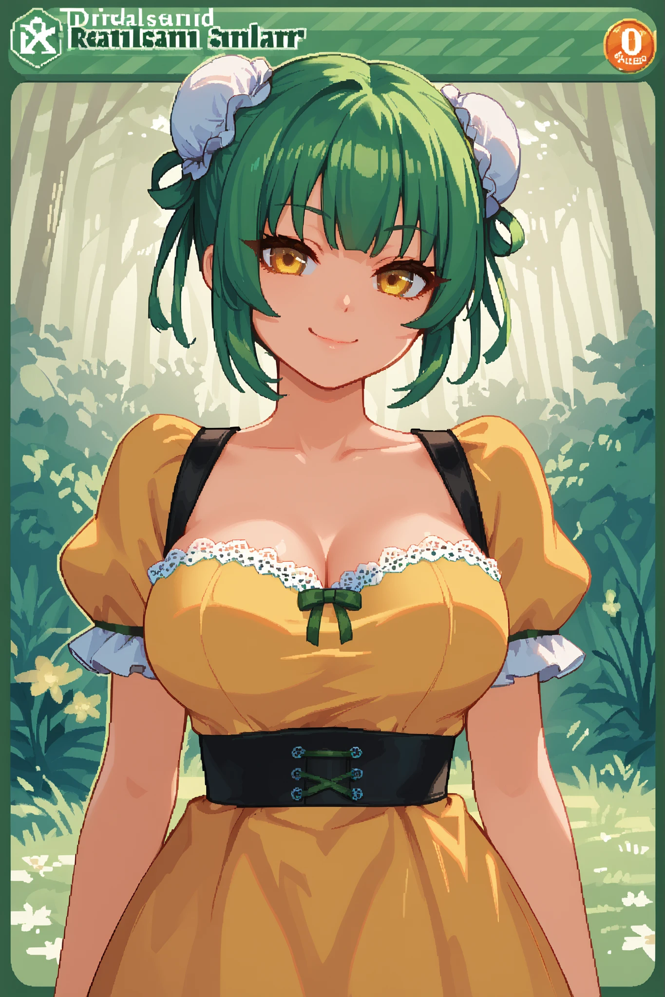 score_9, score_8_up, score_7_up, source_anime, solo, pixel art, tr4dingcard, card (medium), english_text, N, trading_card, white_trade_card_frames, kemonomimi, 1girl, solo BREAK
Large breasts, green hair BREAK short hair, double bun, (bun cover), yellow eyes BREAK
Renaissance clothes, yellow dress, dirndl BREAK
Standing, looking at viewer, smile, closed mouth, (upper body), portrait, outdoors