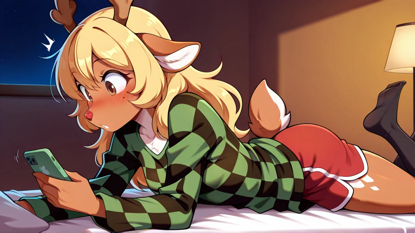 Female pegasus pony, brown fur, red hair, green eyes, green polka dot bandanna in hair on head, large crotchboobs, white belly, fishnet stockings, laying back, on table, in library, anal penetration, embarrassed