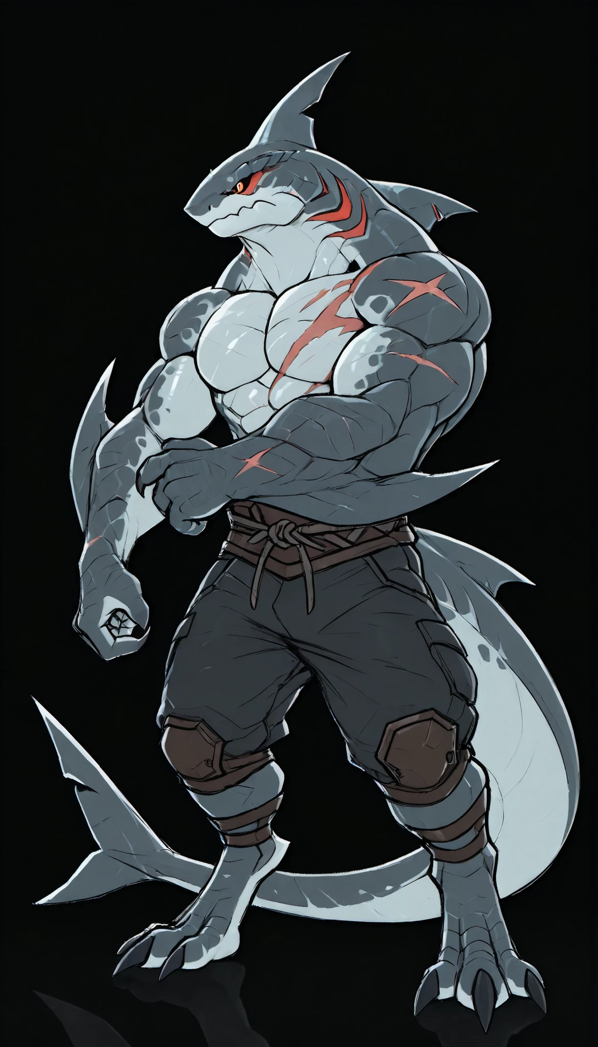 sharkman, anthro megalodon, darker hands and fins, solo, big arms, bara, detailed skin, lizard shark hybrid, anthro, closed mouth, polynesian tattoos, tattoos covering arm and shoulder, detailed scalie skin, scalie arms, fins on arms, gray color body, beefy, thick scales on arms, digitigrade legs, bulky body, light musclegut, proporcional body, mercenary pants, wide chest, old scars, marked jaw, 4 toes, thick shark tail, The design incorporates elements from various shark species, such as the dorsal fin, and muscular build, best quality, sketch, ultra-detailed, by laobai, by honovy, by Riolutiny, detailed illustration of 4K horror, standing ready to fight, dark background, dynamic pose, dynamic angle,