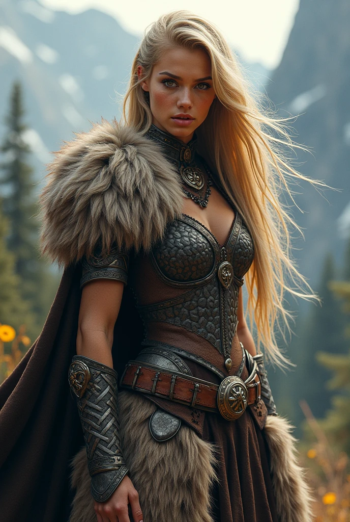 a young viking warrior woman, strong muscular build, wearing iron armor and fur cloak, holding a battle axe, fierce expression, glowing runes on her armor, dramatic lighting, cinematic composition, hyperrealistic, detailed facial features, intricate textures, dramatic colors, moody atmosphere, fantasy art