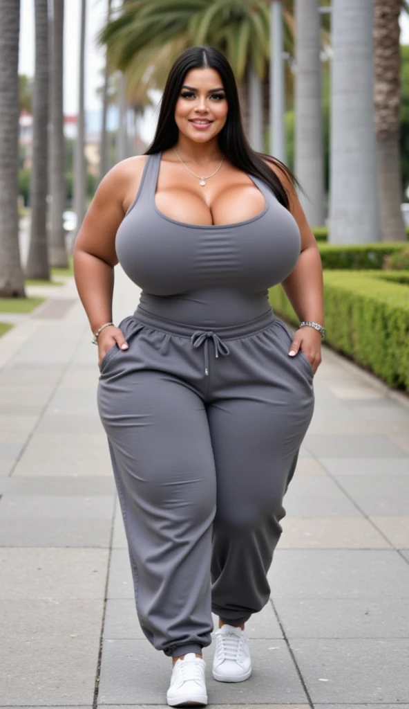 (masterpiece), best quality, expressive eyes, perfect face, (city background), (smirk), (walking), (1girl, ebony, dark skin, black skin, brown hair, long curly afro hairstyle, brown eyes, full lips, hourglass figure, skinny body, large breasts, huge breasts, oppai, long fingernails, tight mint green croptop, long sleeve, exposed cleavage, tight mint green leggings, heels, hoop earings),