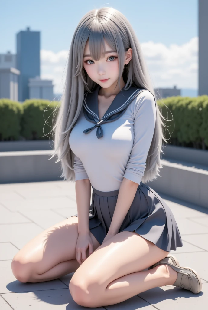 (8K, RAW Photos, Highest quality, masterpiece:1.2), (Realistic, photo-Realistic:1.4), (Highly detailed 8K wallpapers), ((Full Body Shot)), (1 girl), Sharp focus, Depth of written boundary, Cinematic lighting, Soft Light, 緻密な美しさのeye, eye_Chan, Very beautiful 17 year old girl, innocent big eyes, Realistic, photo Realistic, Highly detailed cute girl, (Thin thighs), (Model Body Type), 18-year-old, (Pure white T-shirt), (Blue Micro Mini Pleated Skirt), (((Fold your arms in front of your chest and act arrogantly))), ((A happy smile)), Parted lips, Watching the audience, (Waikiki Beach), (Silver Hair),（Long Bob Hair), (Asymmetrical bangs