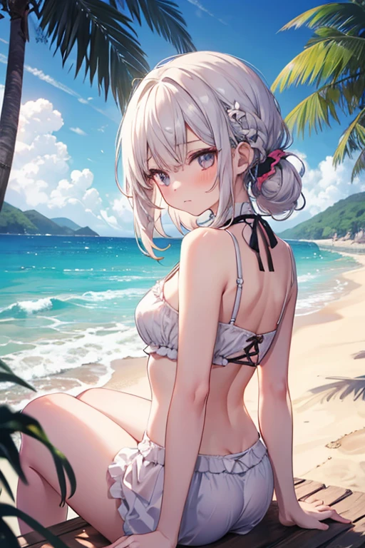 Silver-haired girl drawn in high resolution Japanese anime style、Women in white bikinis taking photos on a deserted beach, Bikini Model, , A young and cute gravure idol, Posing together in a bra, Russian and Japanese mix, sakimichan, Asian woman, Wear a swimsuit, that'that'that'that'that'that'It's hot with the shining sun, Japanese Model, Cute Core, sakimichan hdri, Young Gravure Idol, Chubby