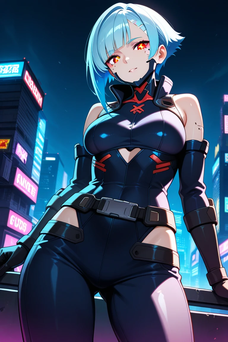 cyberpunk, portrait, Schwarz , Rot neon eyes, (sonnenaufgang:1.4), Street,fototealistisch, nackt, shows vagina and breasts, keine kleidung, gaping pussy, spread legs