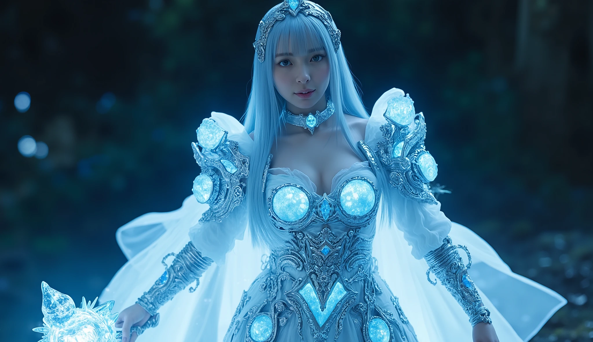 best image quality, excellent details, ultra high resolution, (realism: 1.6), best illustration, Favor details, condensed 1 girl, With a delicate and beautiful face, (Clad in silver and blue armor made of crystals),((Wears a mechanical helmet made of crystals )), Accurately expresses details such as face and skin texture,((beautiful face and eyes)), (short hair),slender body shape,alone,cleavage,The background is a high-tech lighting scene of a futuristic city