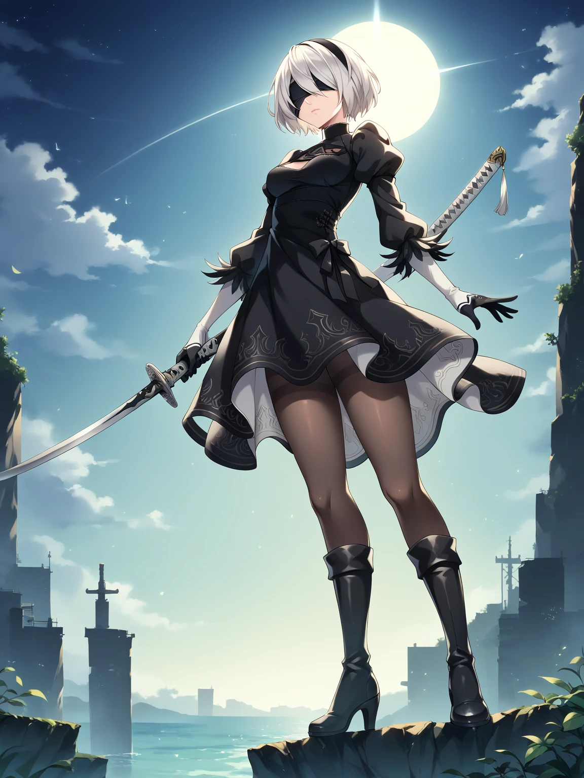 2b,(work of art), ultra detaild, fully body, soft hair, black gown, neckleace, Action, battle pose, standing with legs open, katana, wall-paper, destroyed forest background, SUNSET, smoke in the sky, sparks, serious facial expression, ideal female body, adult, opaque color palette