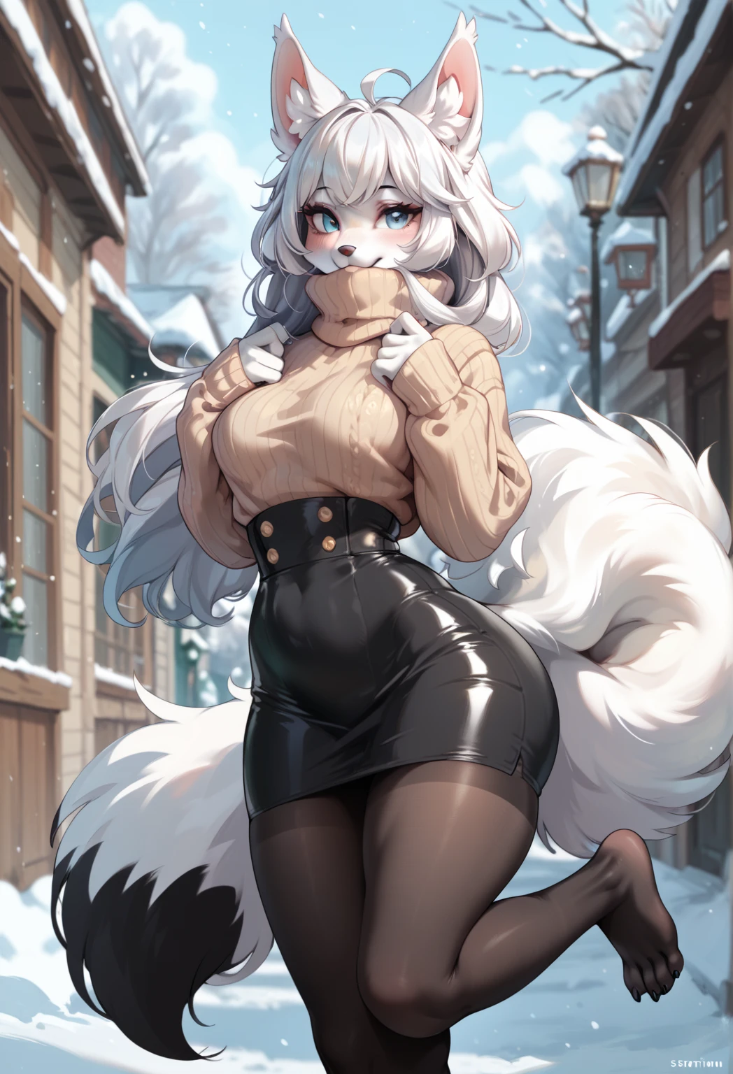 female anthro Snow leopard,Brown long fluffy hair, fluffy hair, squirrel ears, Snow leopard, big breasts, attractive, turtleneck sweater, turtleneck, thicc body, thicc, freckles, freckles on face, neutral expression, smug eyes, skirt, black skirt , garter belt tights, she is crouching (thick thighs:1.5) she is sitting, ((( offering the breasts))) sex partial clothes,