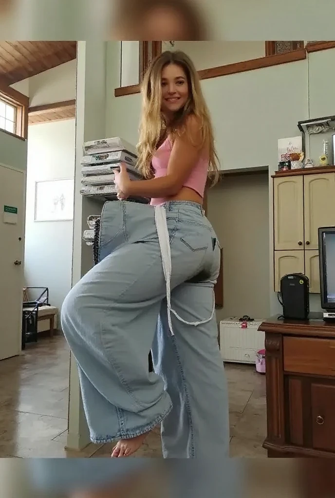Swedish lady. Long blonde hair. Big Smile. Jeans and tank top. Curvy figure. Round hips. Big butt. Standing in living room. Legs wind apart. Pooping her pants. Pooping her jeans. Big bulge on her jeans.