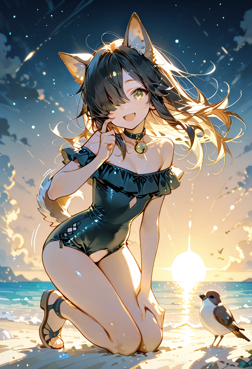 A beautiful girl with horse ears、Gummy Smile、Hands behind your head、Prone、Beautiful breasts、Cute swimsuit、At dusk、super high quality、Maximum resolution、Best assembly、Correct body structure、High angle、From the knee up、Face Detail