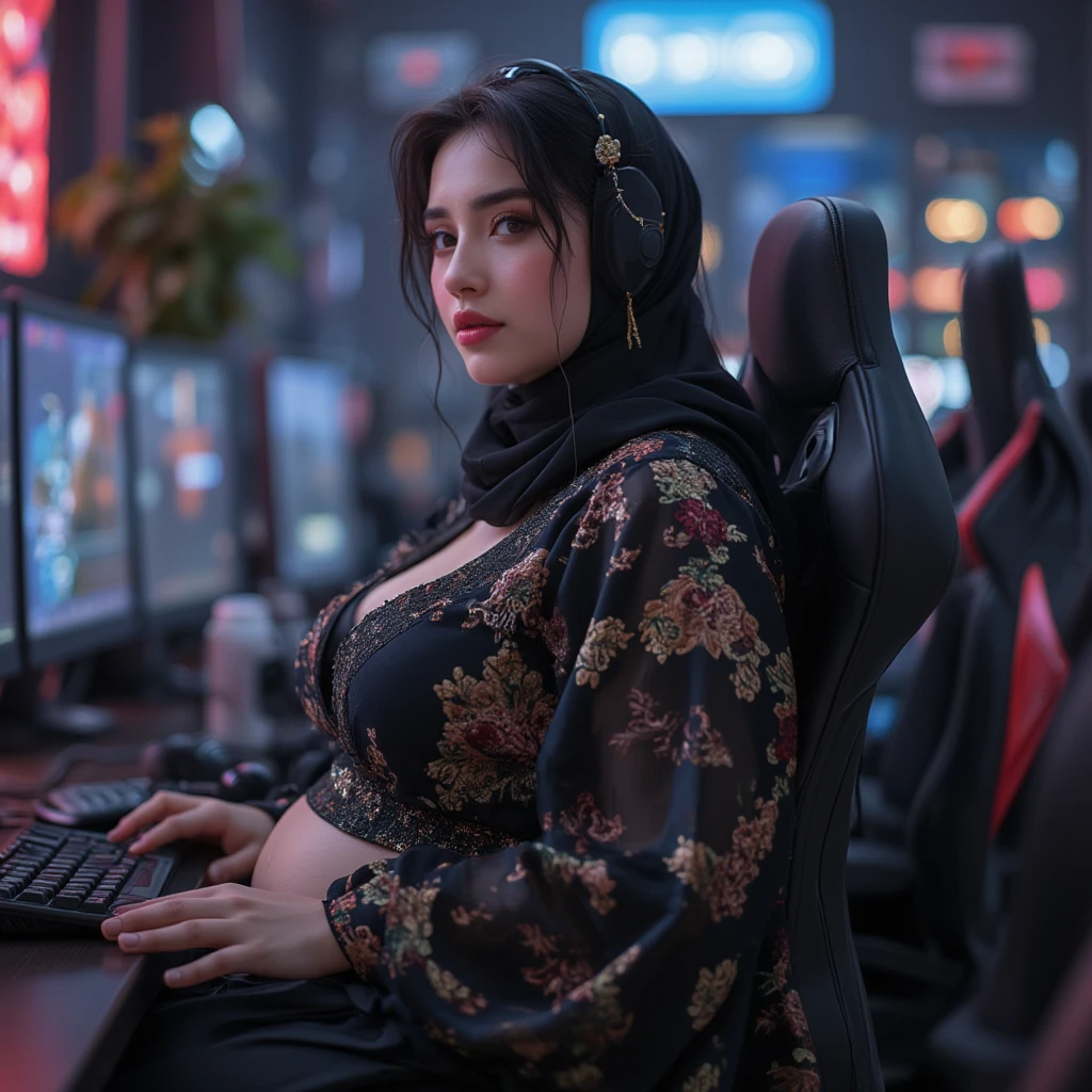 (beautifull gamer lady, (((wearing hijab))), looking to the computer monitor, wearing expensive headphone, sit on luxury gaming chair, wear mini sport bra and mini skirt, expensive gaming room, full of gaming tools, neon flex on the wall, lamp off, expensive gaming pc on gaming desk, (show cleaveage), beautifull face, beautifull eyes, beautifull nose, sexy lips, raytracing, nsfw, beautifull fingers, beautifull hands, sexy belly, sexy body, sexy shoulders, sexy legs, sexy hips, (luxury bracelet), (luxury ring), (luxury necklace), white skin, (4 fingers in 1 hand), full body picture, pretty makeup, good lighting, realistic shadow, professional photography, blue color scheme, 2k resolution, perfect anatomy, nsfw, view from top angle, cyberpunk style, wearing VR