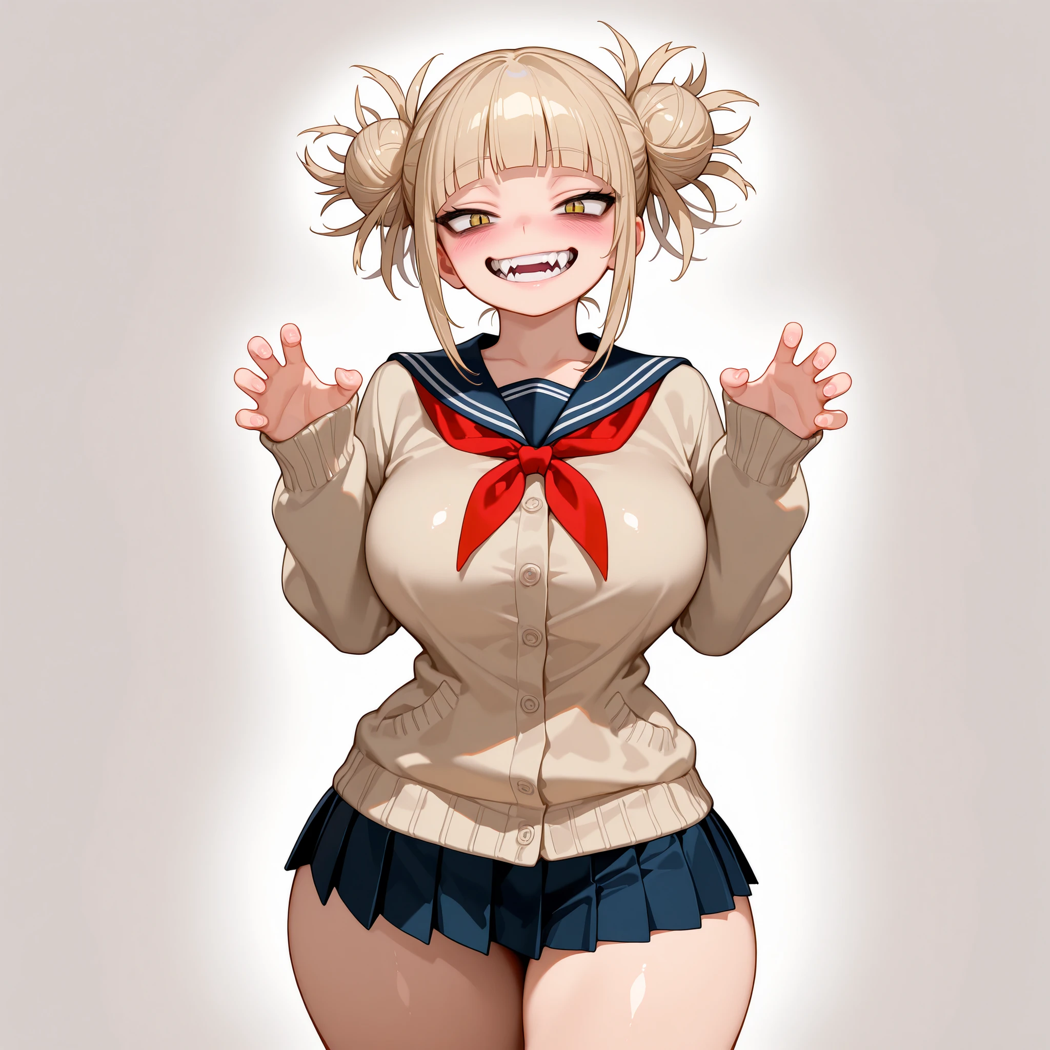 masterpiece, best quality, amazing quality, very aesthetic, absurdres, high res, shiny skin, 1girl, solo, toga himiko, yellow eyes, slit pupils, bags under eyes, blonde hair, sidelocks, blunt bangs, narrowed eyes, double bun, hair bun, messy hair, sharp fangs, , narrow waist, wide , thick thighs, slim, brown cardigan, serafuku, red neckerchief, miniskirt, blue skirt, pleated skirt, black socks, blushed, crazy expression, grin, cute, standing, looking at viewer, simple background, from the front view