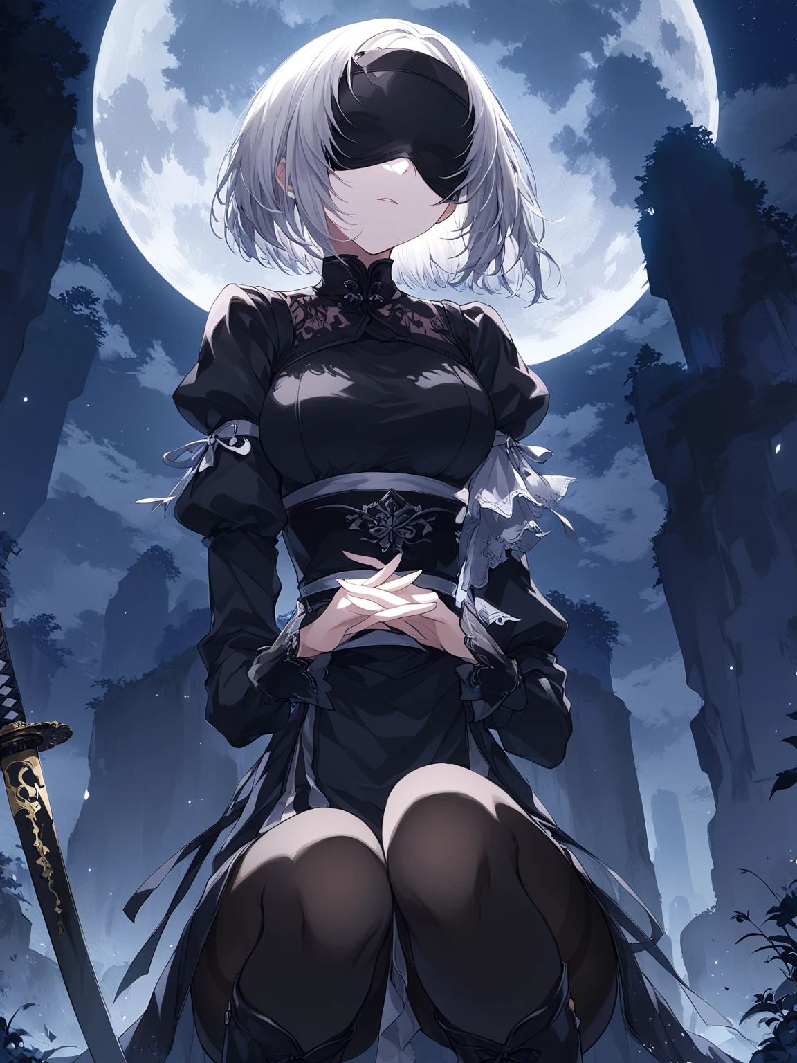 1girl,hm2b, black blindfold, covered eyes, mole under mouth, clothing cutout, long sleeves, puffy sleeves, juliet sleeves, feather trim, black thighhighs, black gloves, black dress, black skirt,(from behind),(from below),(far way),standing,(looking at sky),looking at the sky,stars,dark,night,(fog),city ruins,white flower,glowing flower,darkness,masterpiece,extremely detailed CG unity 8k wallpaper, best quality,32k,focus sharp, 