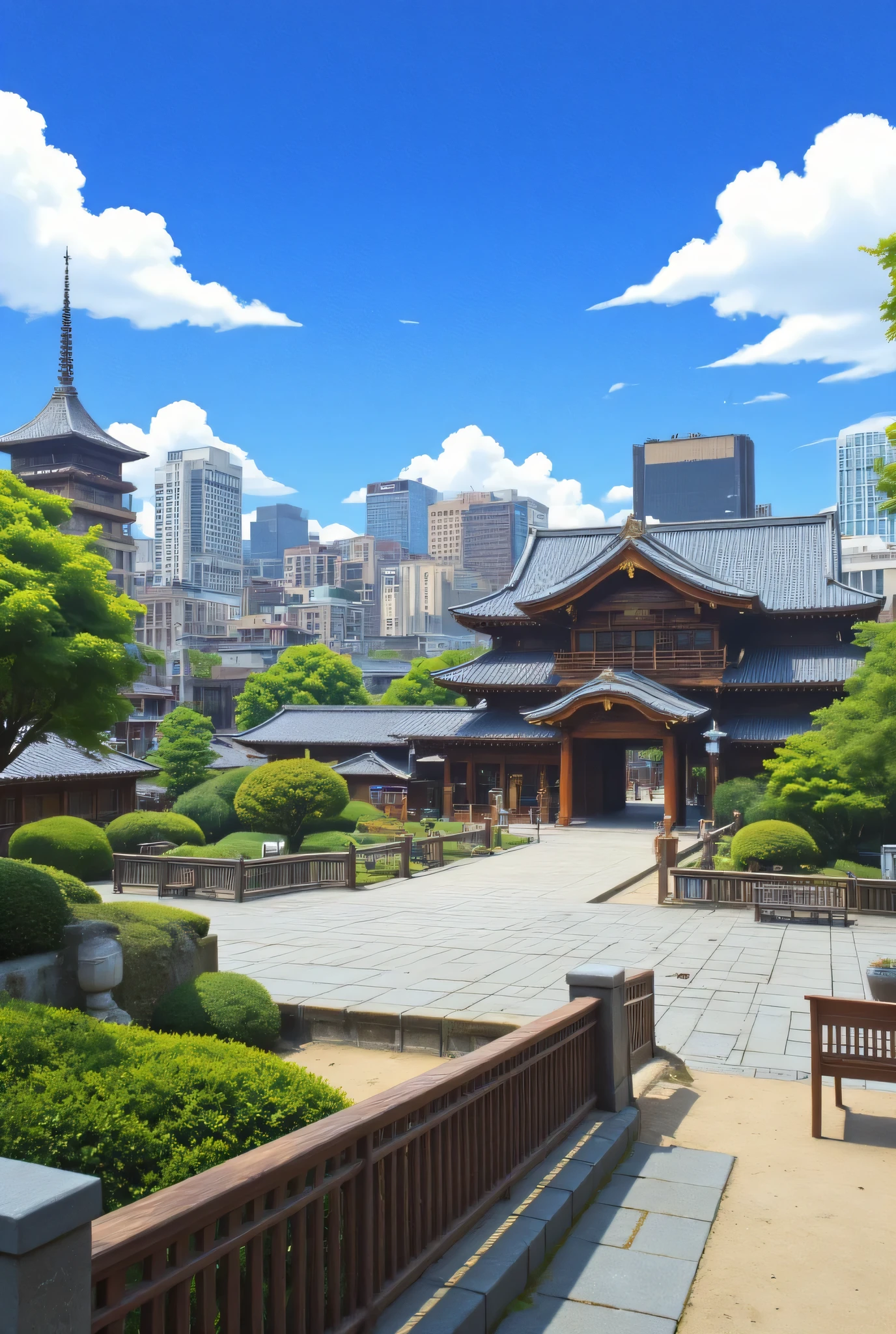 in high-definition images、Kyoto in the Sengoku Period、Honnoji Temple。There is a moat along the road and the castle wall on the other side of the moat、The temple gate is open and you can see the inside、2 Gōriomushi in front of the gate、Picturesque Backgrounds、Colorful Kyoto City、Castle Walls and City、高解像度の背景は古代Honnoji Temple、Dream City 、High resolution digital painting、High Resolution Digital Paint、Honnoji Templeの様子、Detailed Scenery。