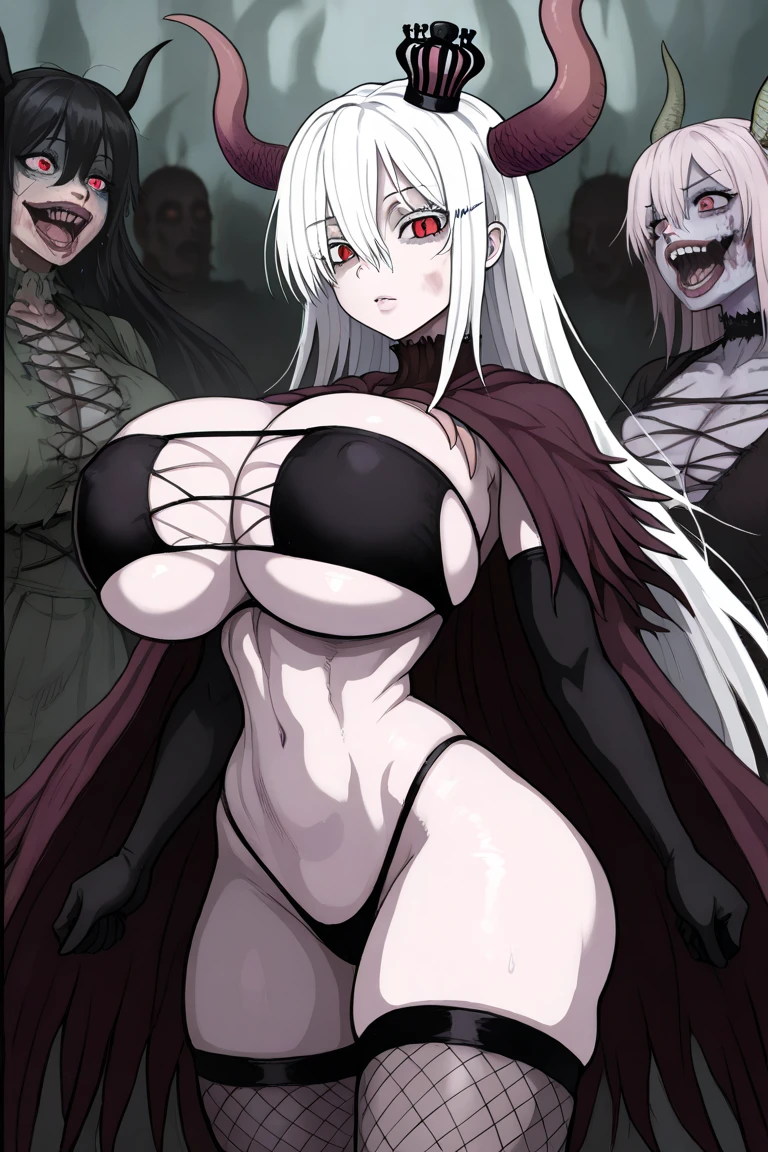 ((1 vampire woman)),((transparent fil tental panties))),((huge breasts, bare breasts, chest piercing)),((red hair)),((pink eyes, hopeless face) ),((stand)),((1 arm behind your back)),In a haunted forest, at night,