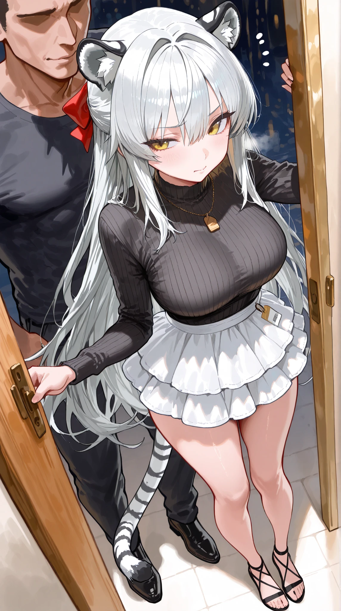 solo 1 thin (little girl:1.1) standing, straight back, (disproportionately gigantic perky breasts:1.3), (cleavage:1.3), (frilled white shirts with open chest wide), BREAK, large cute eyes, loli face, BREAK, (thin long legs:1.2), too thin waist, arms behind back, BREAK, (absurdly long white straight hair:1.3), blunt bangs, BREAK, (long black thighhighs:1.4), BREAK, (short black capelet:1.2), (short black high-waist skirt:1.2) cinches waist tight, BREAK, looking at viewer, (nose blush:1.1), full body, landscape