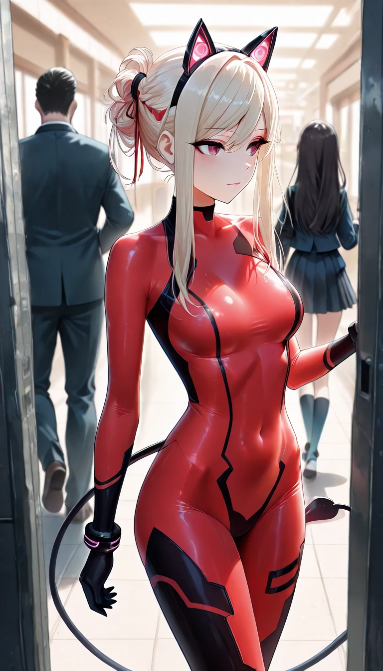 zerotwo, zero two, (green eyes:1.5), hairband, horns, long hair, pink hair, red horns, white hairband,
BREAK bodysuit, covered navel, pilot suit, red bodysuit, science fiction,
BREAK indoors, classroom,
BREAK looking at viewer, BREAK (masterpiece:1.2), best quality, high resolution, unity 8k wallpaper, (illustration:0.8), (beautiful detailed eyes:1.6), extremely detailed face, perfect lighting, extremely detailed CG, (perfect hands, perfect anatomy),