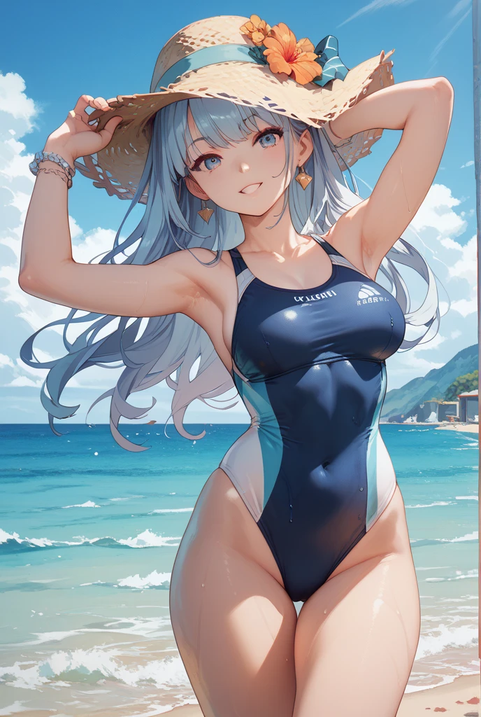 top-quality、Full limbs、complete fingers、Slender beauty、ssmile、Wearing a white school swimsuit、White water、knee high、schools