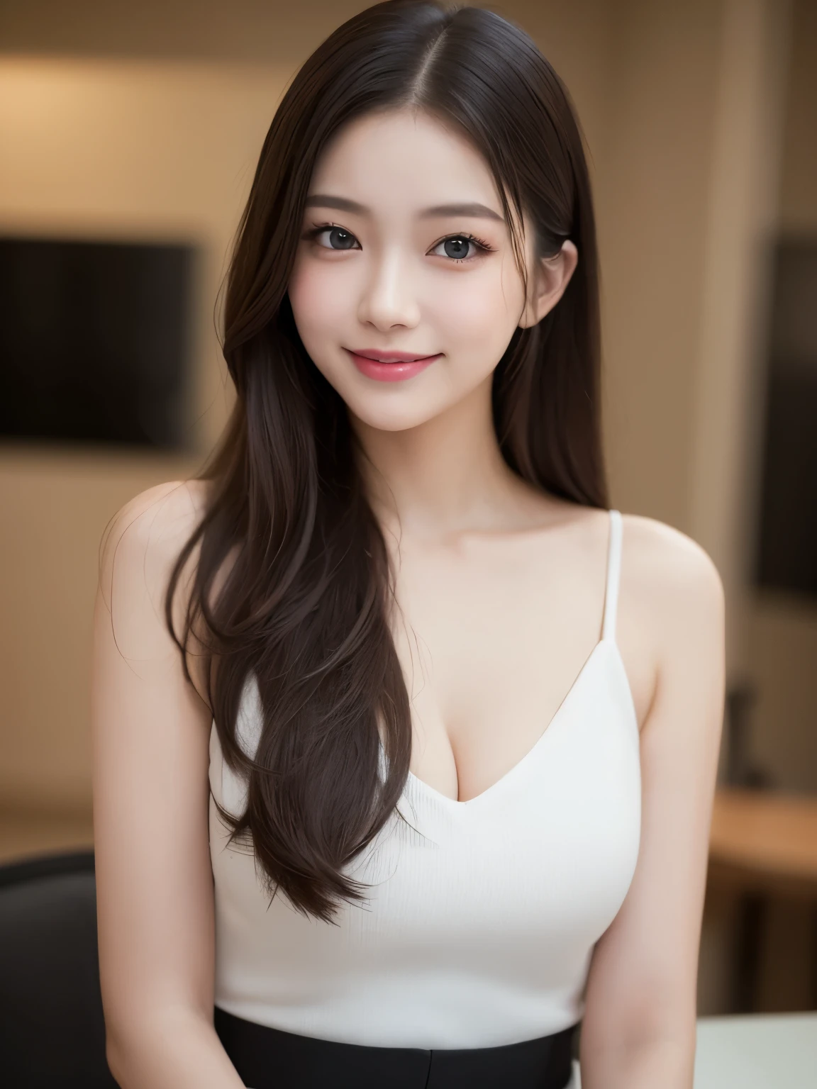 She has a slight smile on her face.、