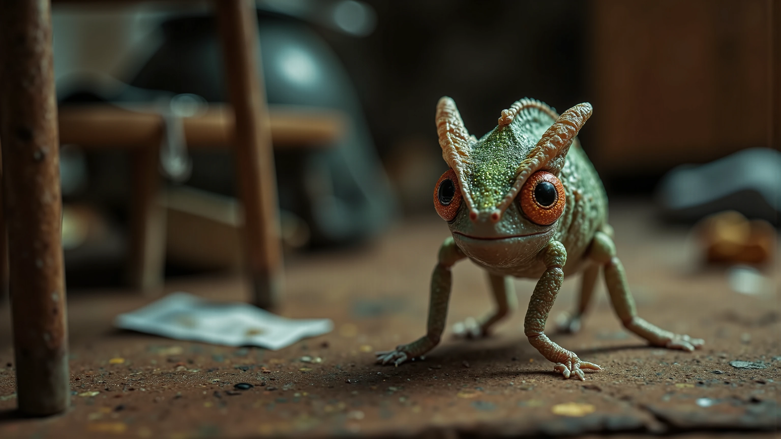 Illustrate a cinematic depiction of small-sized extraterrestrial creatures living undetected among humans. These alien beings possess unique, chameleon-like features, allowing them to camouflage seamlessly into everyday environments—hiding in plain sight as objects like trinkets on desks, shadows on walls, or even blending into pets' fur. The atmosphere is dramatic yet whimsical, with humans carrying on unaware of the aliens’ quiet surveillance. Soft, natural lighting enhances the realism, while intricate detailing showcases the aliens’ subtle textures and glowing, faintly bioluminescent patterns. Rendered in ultra-high resolution, with vivid, balanced colors and a rich, immersive depth of field, the scene captures the harmonious blend of fantasy and reality, with layers of mystery and charm. Ray tracing, UHD, HDR, 16k, masterpiece, award winning.