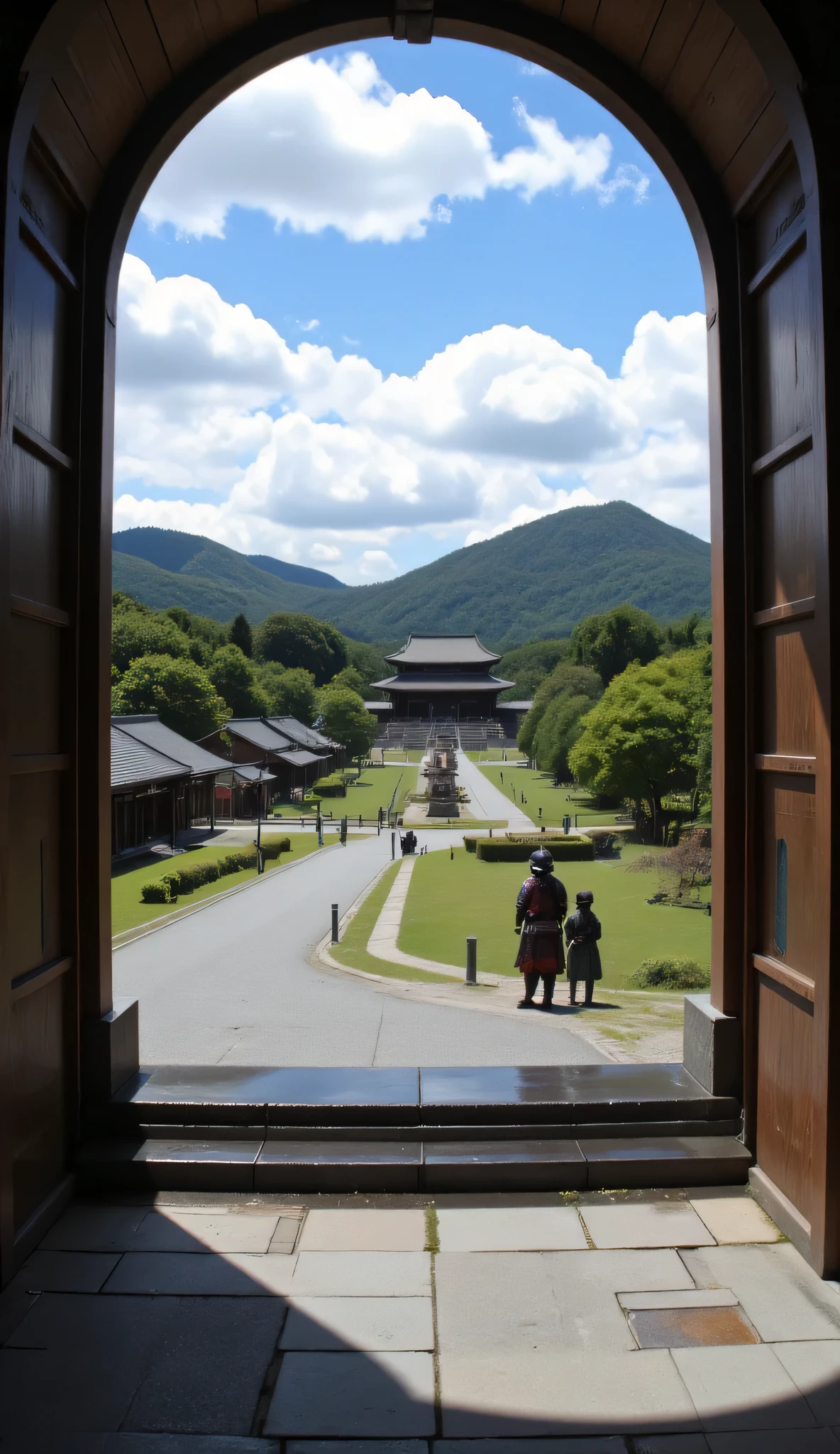 I'm imagining、when Oda Nobunaga was alive(Kyoto in the Sengoku Period、Honnoji Temple)there is a moat along the road、お堀の向こう側にはRampartsがあり、and the castle gate was open on the other side of the moat so you could look inside、there were two samurai wearing armor in front of the gate、Picturesque Backgrounds、Ramparts、高解像度の背景は古代Honnoji Temple、high-resolution digital painting、High Resolution Digital Paint、The state of Honno-ji Temple、Detailed Scenery。