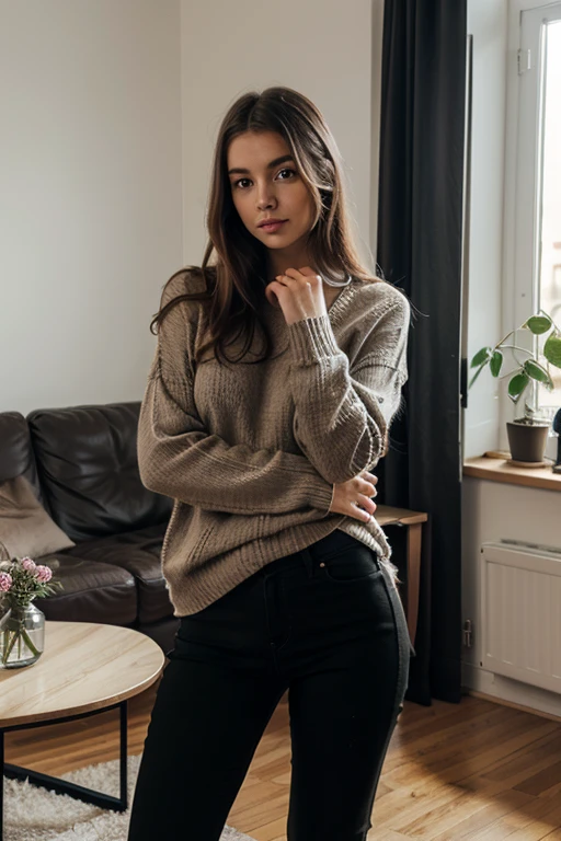a woman wearing sweater and leggings, attic, (silhouette lighting:0.5) <lora:fic-gavincha:0.9>