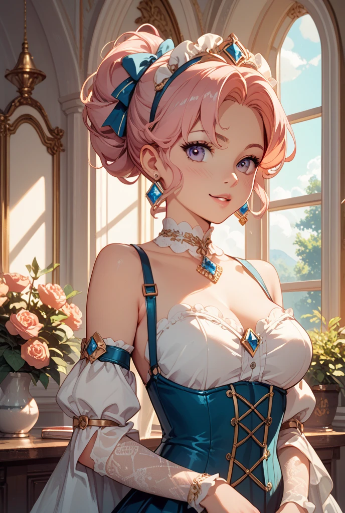 quadratic element,King Glory Figure,blue hairs,Beautuful Women,Amazing figure,Dress revealingly,Delicate facial features,A pink-haired
