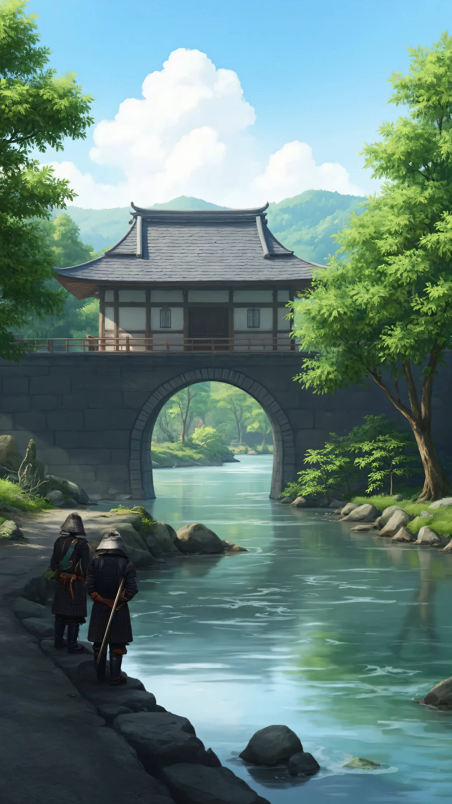 I'm imagining、when Oda Nobunaga was alive(Kyoto in the Sengoku Period、Honnoji Temple)there is a moat along the road、お堀の向こう側にはRampartsがあり、and the castle gate was open on the other side of the moat so you could look inside、there were two samurai wearing armor in front of the gate、Picturesque Backgrounds、Ramparts、高解像度の背景は古代Honnoji Temple、high-resolution digital painting、High Resolution Digital Paint、The state of Honno-ji Temple、Detailed Scenery。